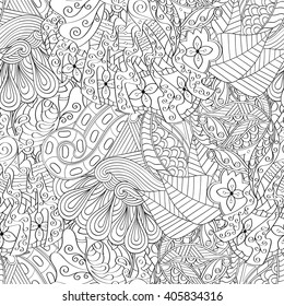 Tracery seamless calming pattern. Mehendi design. Ethnic monochrome binary harmonious doodle texture. Black and white. Indifferent discreet. Curved doodling mehndi motif. Vector.