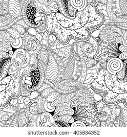 Tracery seamless calming pattern. Mehendi design. Ethnic monochrome binary harmonious doodle texture. Black and white. Indifferent discreet. Curved doodling mehndi motif. Vector.