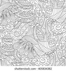 Tracery seamless calming pattern. Mehendi design. Ethnic monochrome binary harmonious doodle texture. Black and white. Indifferent discreet. Curved doodling mehndi motif. Vector.
