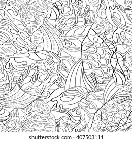 Tracery seamless calming pattern. Mehendi design. Ethnic monochrome binary harmonious doodle texture. Black and white. Indifferent discreet. Curved doodling mehndi motif. Vector.
