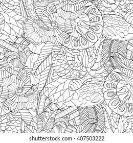 Tracery seamless calming pattern. Mehendi design. Ethnic monochrome binary harmonious doodle texture. Black and white. Indifferent discreet. Curved doodling mehndi motif. Vector.