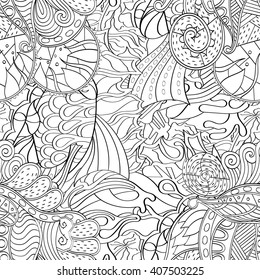 Tracery seamless calming pattern. Mehendi design. Ethnic monochrome binary harmonious doodle texture. Black and white. Indifferent discreet. Curved doodling mehndi motif. Vector.