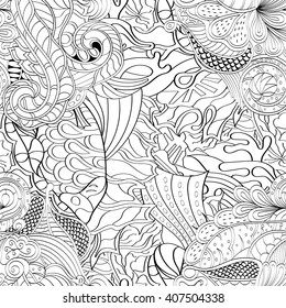 Tracery seamless calming pattern. Mehendi design. Ethnic monochrome binary harmonious doodle texture. Black and white. Indifferent discreet. Curved doodling mehndi motif. Vector.