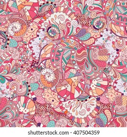 Tracery seamless calming pattern. Mehendi design. Ethnic red harmonious doodle texture. Indifferent discreet. Curved doodling mehndi motif. Vector.