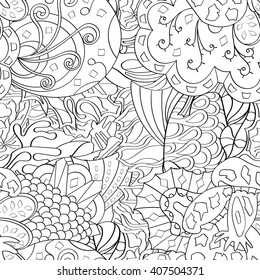 Tracery seamless calming pattern. Mehendi design. Ethnic monochrome binary harmonious doodle texture. Black and white. Indifferent discreet. Curved doodling mehndi motif. Vector.