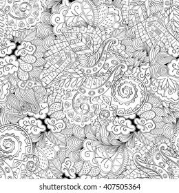 Tracery seamless calming pattern. Mehendi design. Ethnic monochrome binary harmonious doodle texture. Black and white. Indifferent discreet. Curved doodling mehndi motif. Vector.