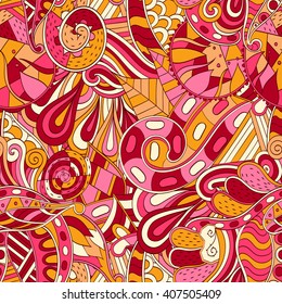Tracery seamless calming pattern. Mehendi design. Ethnic colorful harmonious doodle texture. Indifferent discreet. Curved doodling mehndi motif. Vector.