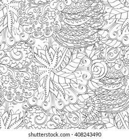 Tracery seamless calming pattern. Mehendi design. Ethnic monochrome binary harmonious doodle texture. Black and white. Indifferent discreet. Curved doodling mehndi motif. Vector.