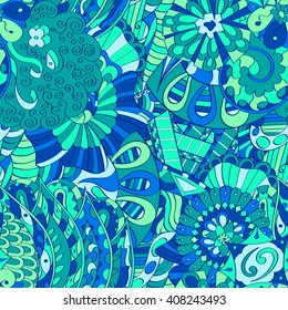 Tracery seamless calming pattern. Mehendi design. Ethnic colorful harmonious doodle texture. Indifferent discreet. Curved doodling mehndi motif. Vector.