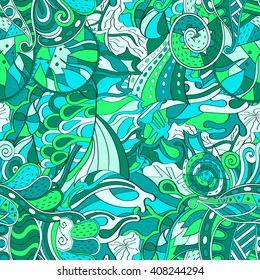 Tracery seamless calming pattern. Mehendi design. Ethnic green harmonious doodle texture. Indifferent discreet. Curved doodling mehndi motif. Vector.