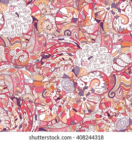 Tracery seamless calming pattern. Mehendi design. Ethnic colorful harmonious doodle texture. Indifferent discreet. Curved doodling mehndi motif. Vector.