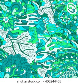 Tracery seamless calming pattern. Mehendi design. Ethnic green harmonious doodle texture. Indifferent discreet. Curved doodling mehndi motif. Vector.