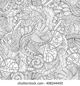 Tracery seamless calming pattern. Mehendi design. Ethnic monochrome binary harmonious doodle texture. Black and white. Indifferent discreet. Curved doodling mehndi motif. Vector.