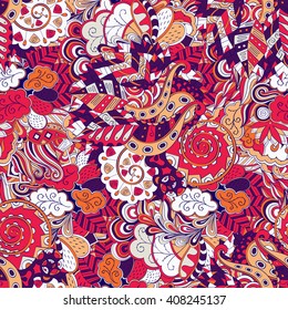 Tracery seamless calming pattern. Mehendi design. Ethnic red harmonious doodle texture. Indifferent discreet. Curved doodling mehndi motif. Vector.