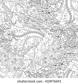 Tracery seamless calming pattern. Mehendi design. Ethnic monochrome binary harmonious doodle texture. Black and white. Indifferent discreet. Curved doodling mehndi motif. Vector.