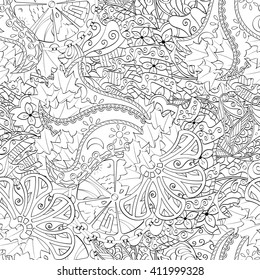 Tracery seamless calming pattern. Mehendi design. Ethnic monochrome binary harmonious doodle texture. Black and white. Indifferent discreet. Curved doodling mehndi motif. Vector.