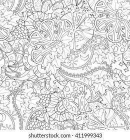 Tracery seamless calming pattern. Mehendi design. Ethnic monochrome binary harmonious doodle texture. Black and white. Indifferent discreet. Curved doodling mehndi motif. Vector.