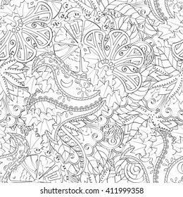 Tracery seamless calming pattern. Mehendi design. Ethnic monochrome binary harmonious doodle texture. Black and white. Indifferent discreet. Curved doodling mehndi motif. Vector.