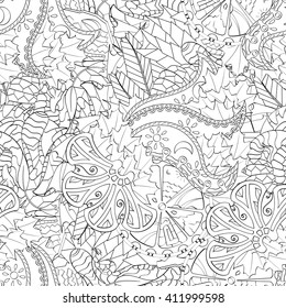 Tracery seamless calming pattern. Mehendi design. Ethnic monochrome binary harmonious doodle texture. Black and white. Indifferent discreet. Curved doodling mehndi motif. Vector.