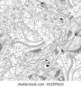 Tracery seamless calming pattern. Mehendi design. Ethnic monochrome binary harmonious doodle texture. Black and white. Indifferent discreet. Curved doodling mehndi motif. Vector.
