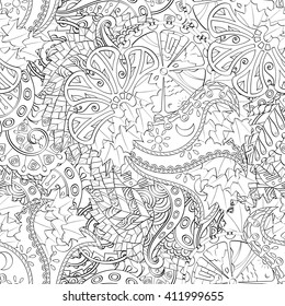 Tracery seamless calming pattern. Mehendi design. Ethnic monochrome binary harmonious doodle texture. Black and white. Indifferent discreet. Curved doodling mehndi motif. Vector.