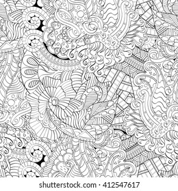 Tracery seamless calming pattern. Mehendi design. Ethnic monochrome binary harmonious doodle texture. Black and white. Indifferent discreet. Curved doodling mehndi motif. Vector.