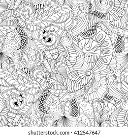 Tracery seamless calming pattern. Mehendi design. Ethnic monochrome binary harmonious doodle texture. Black and white. Indifferent discreet. Curved doodling mehndi motif. Vector.