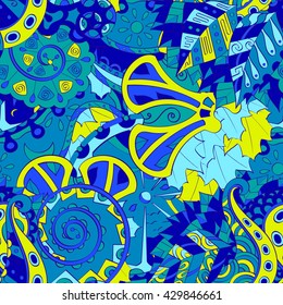 Tracery seamless calming pattern. Mehendi design. Ethnic colorful harmonious doodle texture. Indifferent discreet. Curved doodling mehndi motif. Vector.