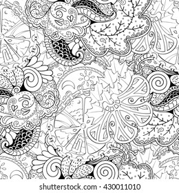 Tracery seamless calming pattern. Mehendi design. Ethnic monochrome binary harmonious doodle texture. Black and white. Indifferent discreet. Curved doodling mehndi motif. Vector.