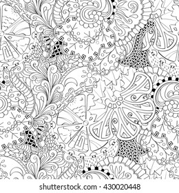 Tracery seamless calming pattern. Mehendi design. Ethnic monochrome binary harmonious doodle texture. Black and white. Indifferent discreet. Curved doodling mehndi motif. Vector.