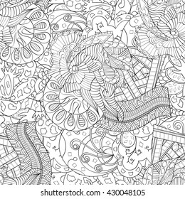 Tracery seamless calming pattern. Mehendi design. Ethnic monochrome binary harmonious doodle texture. Black and white. Indifferent discreet. Curved doodling mehndi motif. Vector.