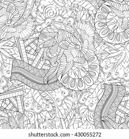 Tracery seamless calming pattern. Mehendi design. Ethnic monochrome binary harmonious doodle texture. Black and white. Indifferent discreet. Curved doodling mehndi motif. Vector.