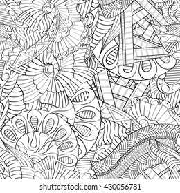 Tracery seamless calming pattern. Mehendi design. Ethnic monochrome binary harmonious doodle texture. Black and white. Indifferent discreet. Curved doodling mehndi motif. Vector.