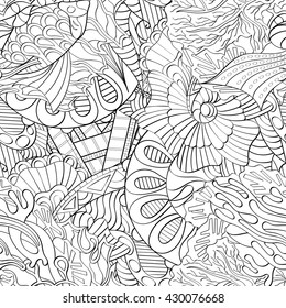 Tracery seamless calming pattern. Mehendi design. Ethnic monochrome binary harmonious doodle texture. Black and white. Indifferent discreet. Curved doodling mehndi motif. Vector.