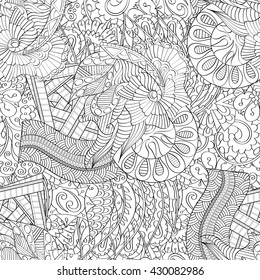 Tracery seamless calming pattern. Mehendi design. Ethnic monochrome binary harmonious doodle texture. Black and white. Indifferent discreet. Curved doodling mehndi motif. Vector.