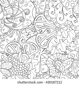 Tracery seamless calming pattern. Mehendi design. Ethnic monochrome binary harmonious doodle texture. Black and white. Indifferent discreet. Curved doodling mehndi motif. Vector.