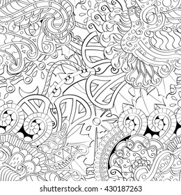 Tracery seamless calming pattern. Mehendi design. Ethnic monochrome binary harmonious doodle texture. Black and white. Indifferent discreet. Curved doodling mehndi motif. Vector.