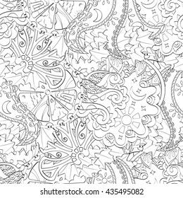 Tracery seamless calming pattern. Mehendi design. Ethnic monochrome binary doodle texture. Black and white. Indifferent discreet. Curved doodling mehndi motif. Vector.