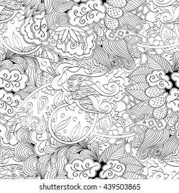 Tracery seamless calming pattern. Mehendi design. Ethnic monochrome binary doodle texture. Black and white. Indifferent discreet. Curved doodling mehndi motif. Vector.