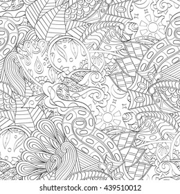 Tracery seamless calming pattern. Mehendi design. Ethnic monochrome binary doodle texture. Black and white. Indifferent discreet. Curved doodling mehndi motif. Vector.