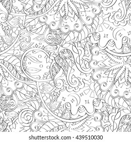 Tracery seamless calming pattern. Mehendi design. Ethnic monochrome binary doodle texture. Black and white. Indifferent discreet. Curved doodling mehndi motif. Vector.