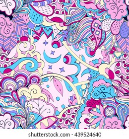 Tracery seamless calming pattern. Mehendi design. Ethnic colorful doodle texture. Indifferent discreet. Curved doodling mehndi motif. Vector.