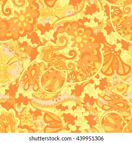 Tracery seamless calming pattern. Mehendi design. Ethnic colorful orange doodle texture. Indifferent discreet. Curved doodling mehndi motif. Vector.