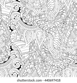 Tracery seamless calming pattern. Mehendi design. Ethnic monochrome binary doodle texture. Black and white. Indifferent discreet. Curved doodling mehndi motif. Vector.