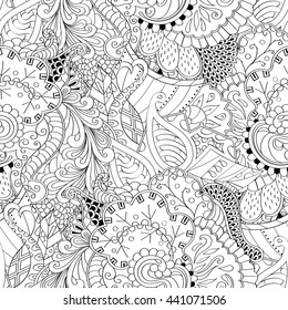 Tracery seamless calming pattern. Mehendi design. Ethnic monochrome binary doodle texture. Black and white. Indifferent discreet. Curved doodling mehndi motif. Vector.