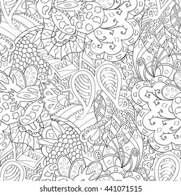 Tracery seamless calming pattern. Mehendi design. Ethnic monochrome binary doodle texture. Black and white. Indifferent discreet. Curved doodling mehndi motif. Vector.