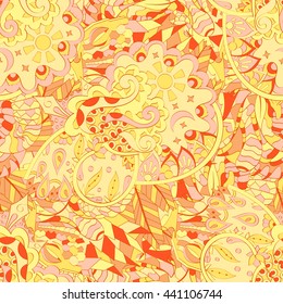 Tracery seamless calming pattern. Mehendi design. Ethnic colorful doodle texture. Indifferent discreet. Curved doodling mehndi motif. Vector.