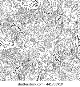 Tracery seamless calming pattern. Mehendi design. Ethnic monochrome binary doodle texture. Black and white. Indifferent discreet. Curved doodling mehndi motif. Vector.