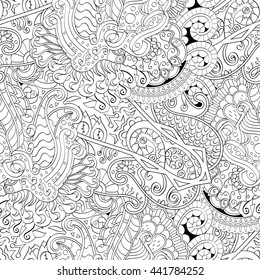 Tracery seamless calming pattern. Mehendi design. Ethnic monochrome binary doodle texture. Black and white. Indifferent discreet. Curved doodling mehndi motif. Vector.