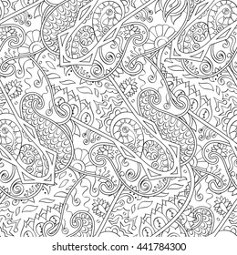 Tracery seamless calming pattern. Mehendi design. Ethnic monochrome binary doodle texture. Black and white. Indifferent discreet. Curved doodling mehndi motif. Vector.